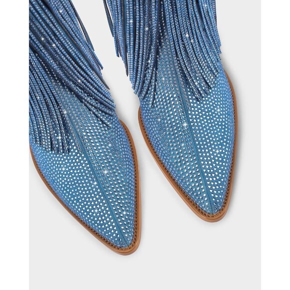 Women's Blue Cowgirl Rhinestone Boots With Sparkly Fringe Pointed Toe Wide Calf - Picture 5 of 9